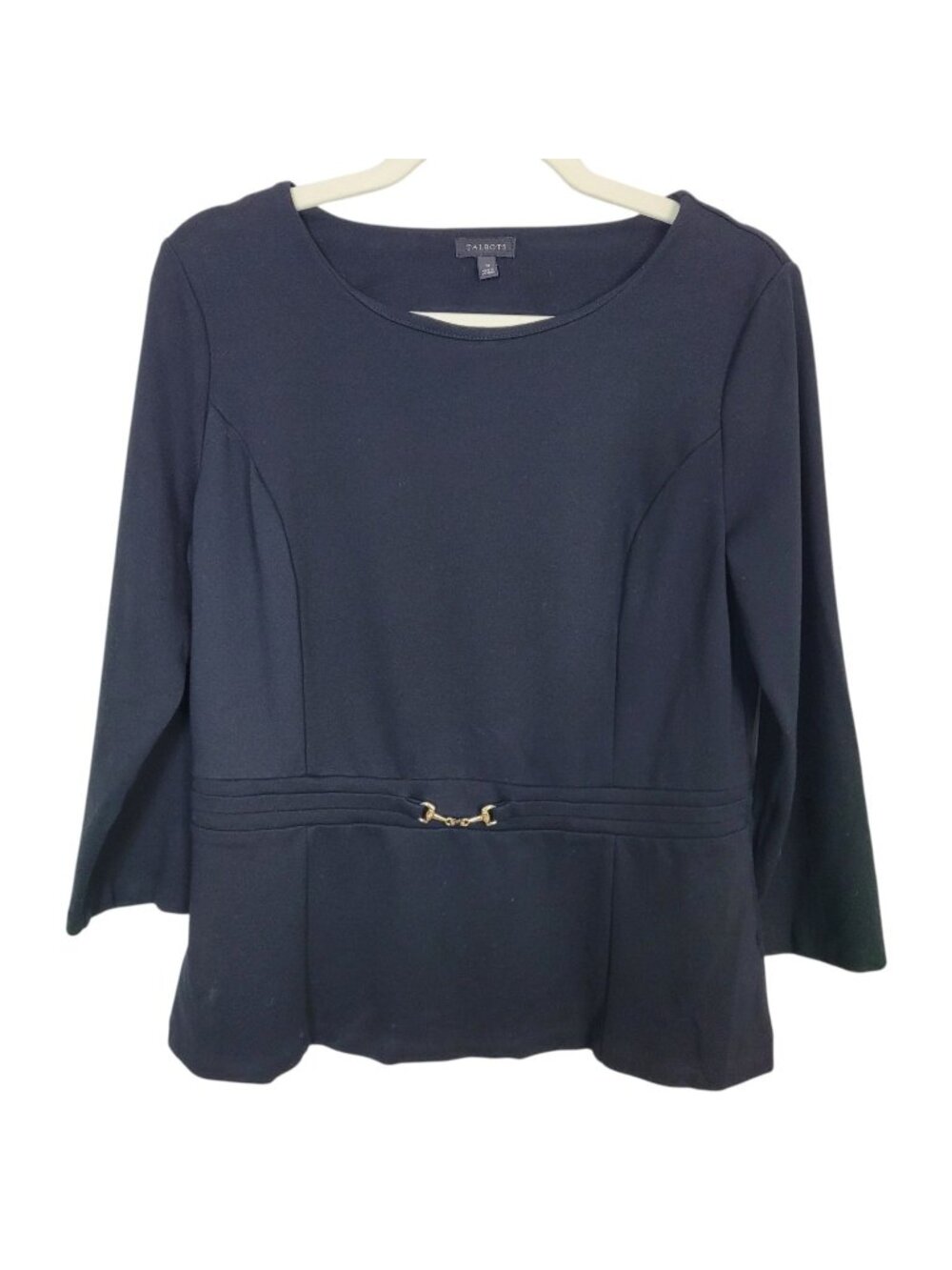 Talbots Black Peplum Ponte Knit Top Gold Tone Horsebit Buckle Detail Sz Med  EUC